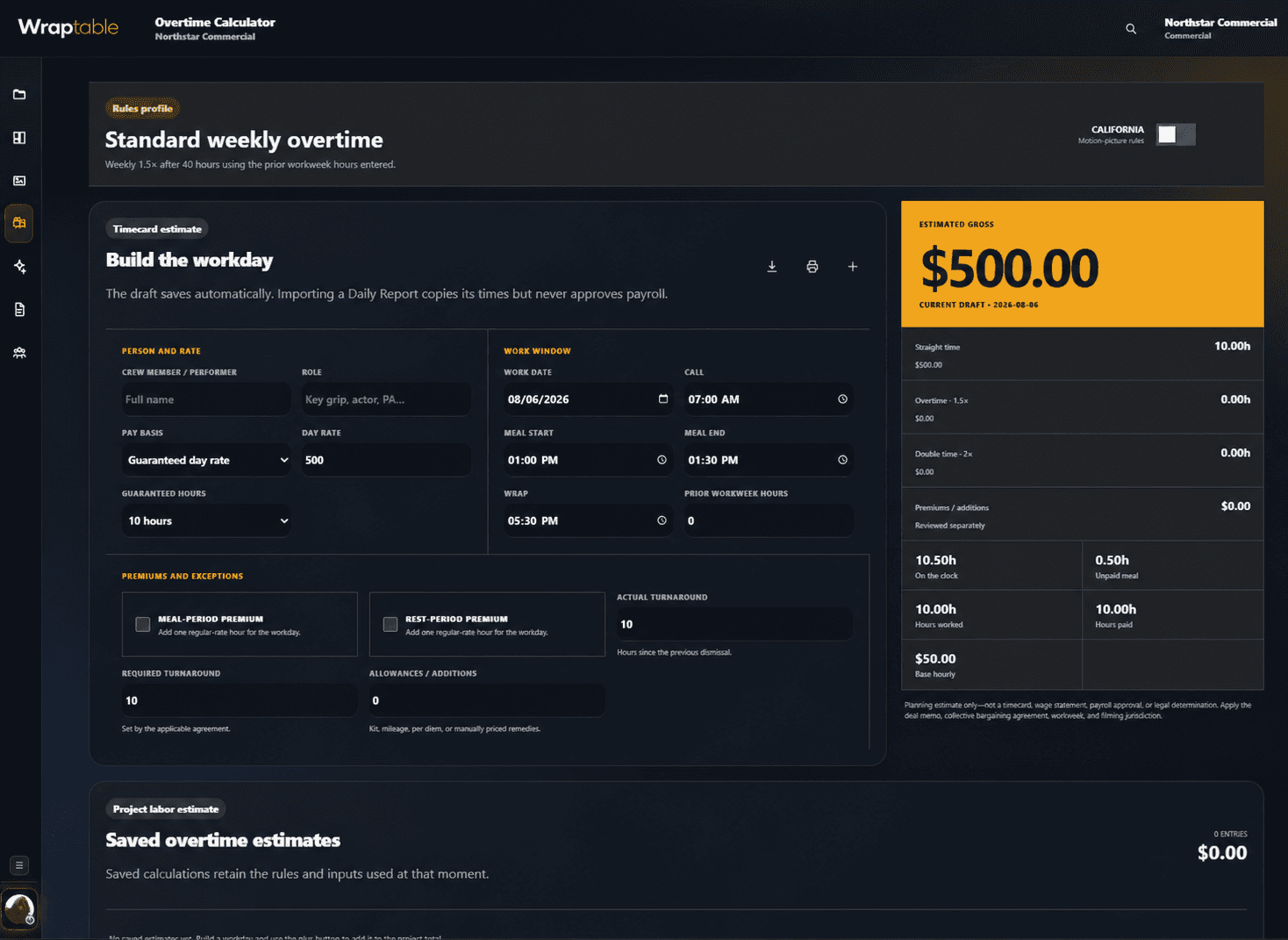 Wraptable Industry Overtime Calculator using fictional project data