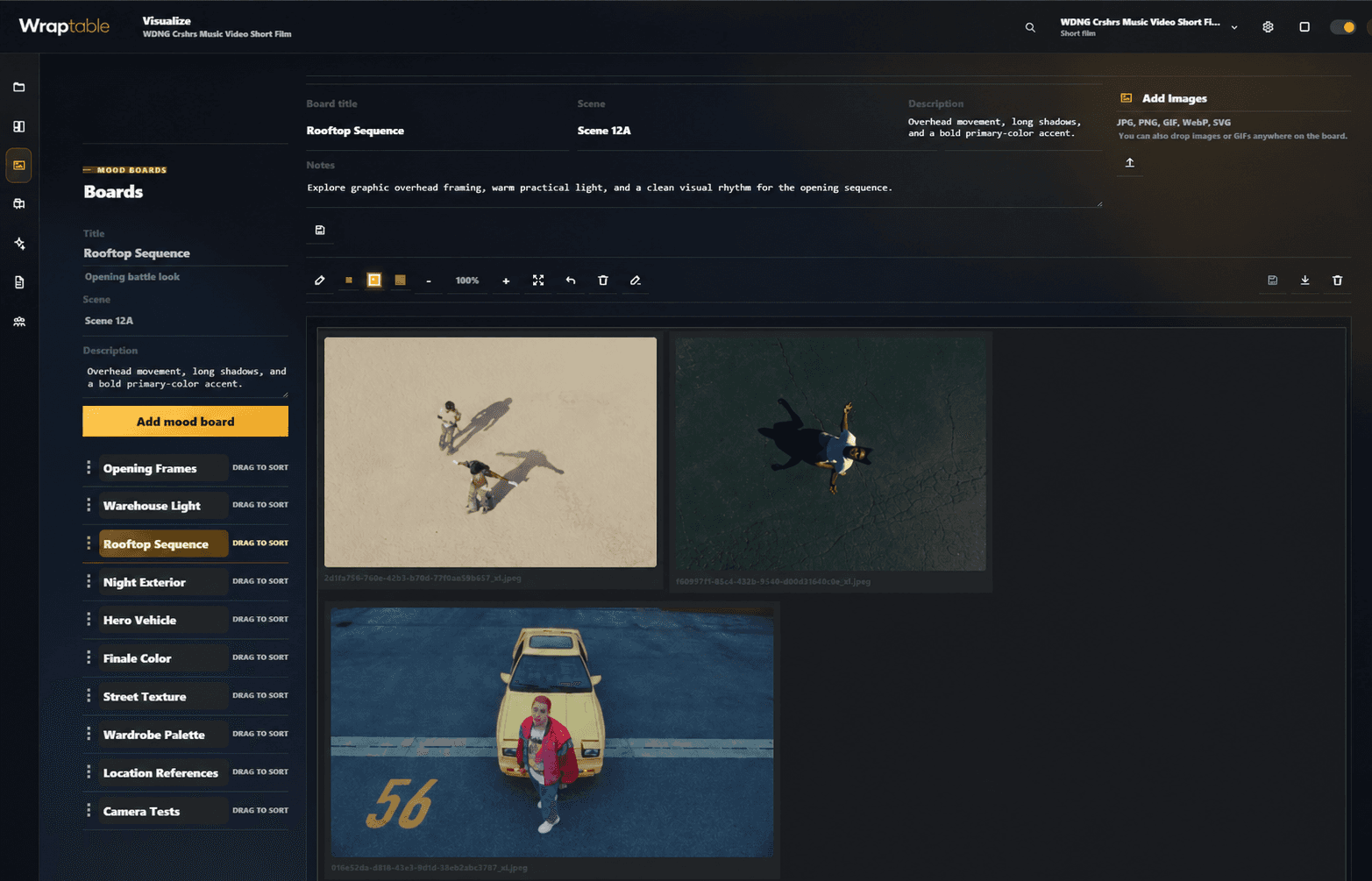 Wraptable Visualizer with fictional mood-board names and production notes